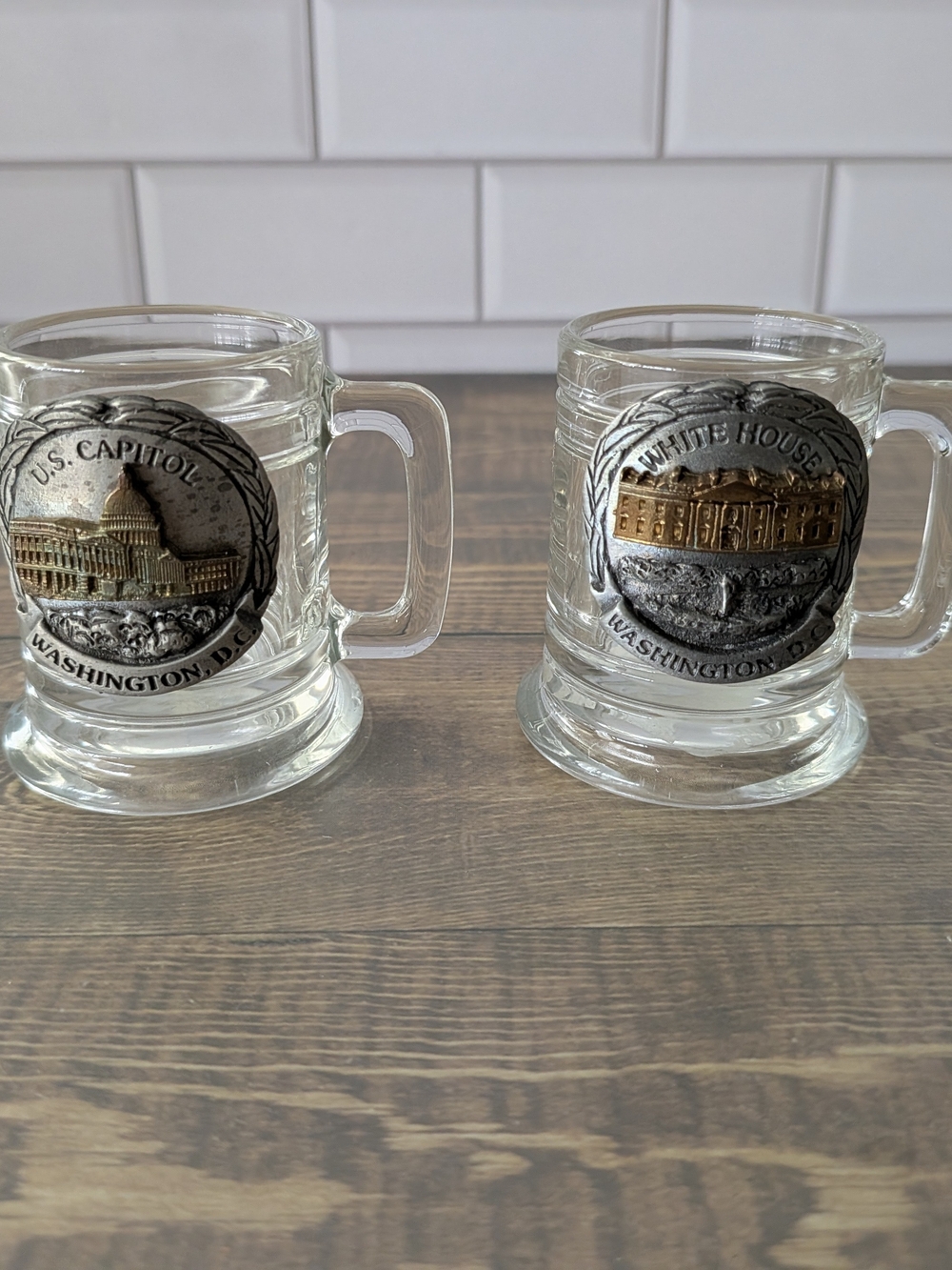 Glass Shot Glass Mug Set w/ Pewter Medallions Vintage U.S. Capitol & White House